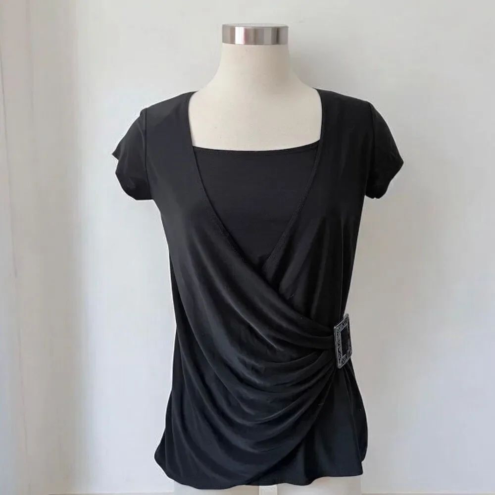 Jason Maxwell Y2K Black Draped Faux Wrap Top with Decorative Buckle Medium